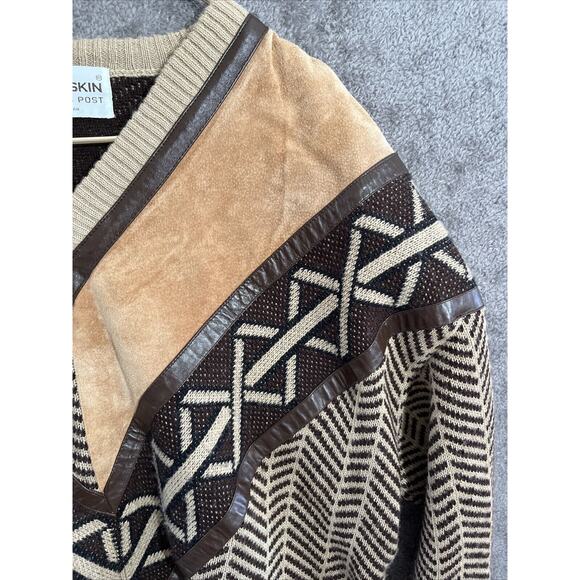 Deerskin Trading Post Sweater Large Wool Suede Brown V Neck Southwestern Vtg - Picture 5 of 16